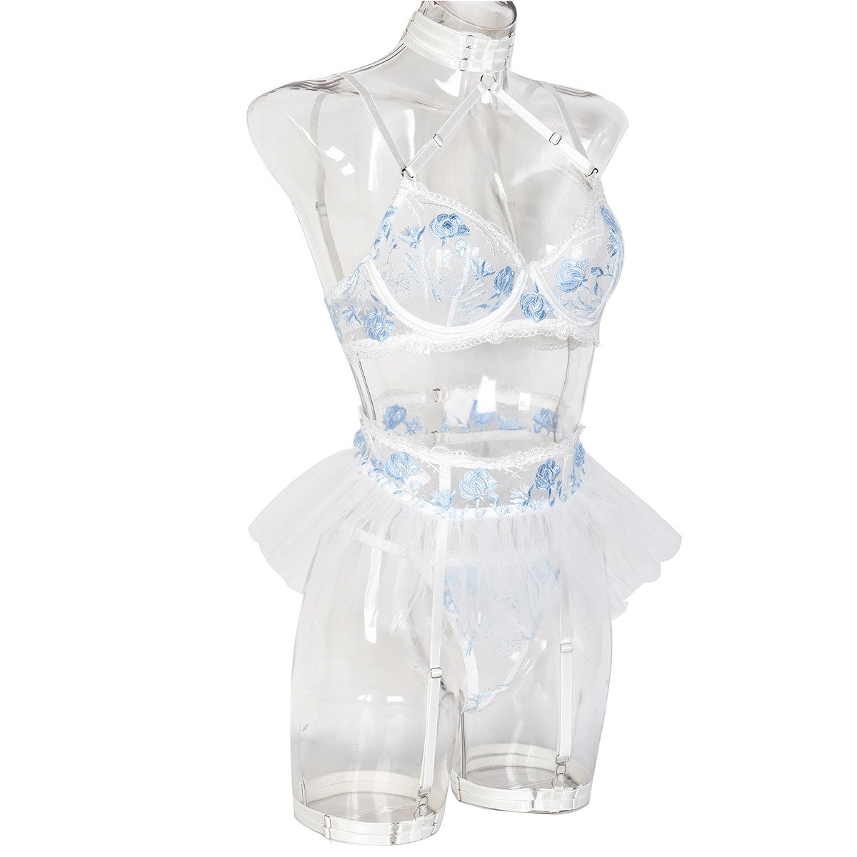 Flower embroidery mesh Patchwork sling Halter Neck sexy lingerie four-piece set for women