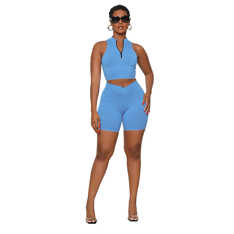 Women Summer Solid Sleeveless Zipper Collar Crop Top and Shorts Two Piece Set