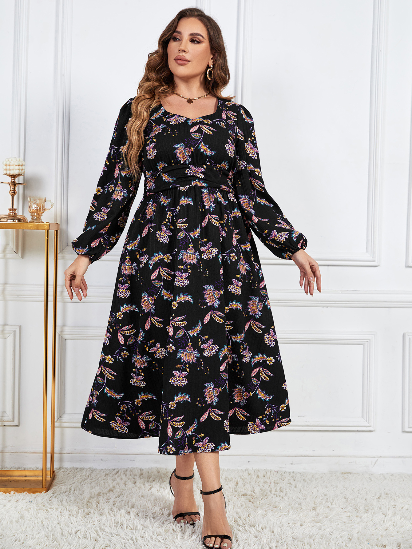 Printed Loose Chic Slim Waist Slim Fit High Waist Long Sleeve Floral Dress Women