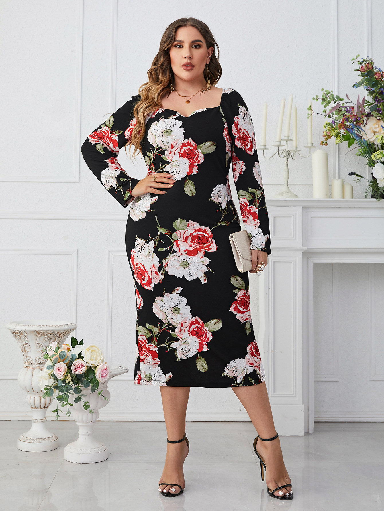 Plus Size Printed Square Neck Slim Waist Bodycon Long Sleeve Dress