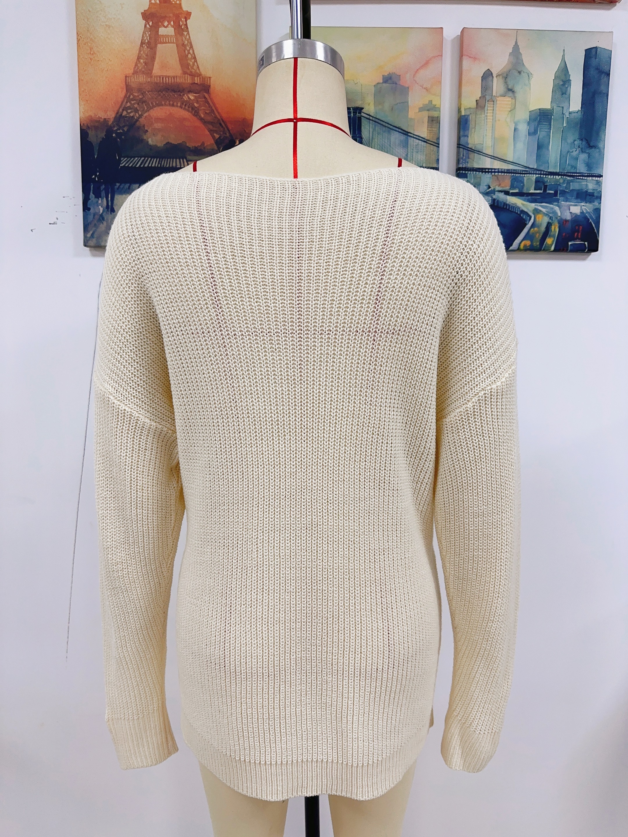 Women Solid Button Rope Knitting Oversized Sweater