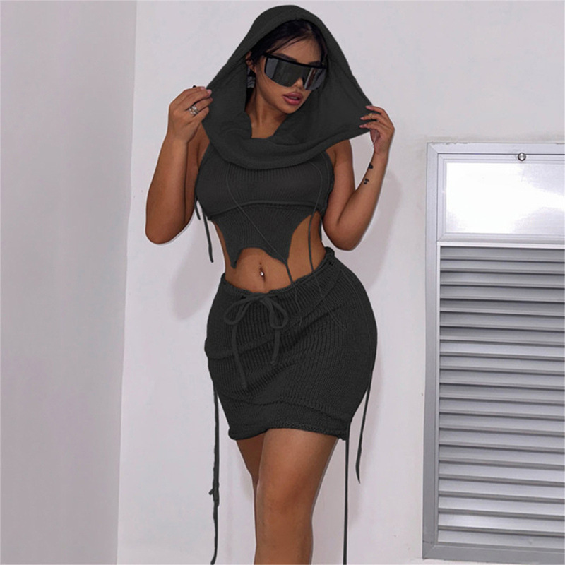 Summer Women Sexy Hollow Knitting Hooded Top and Skirt Two Piece Set
