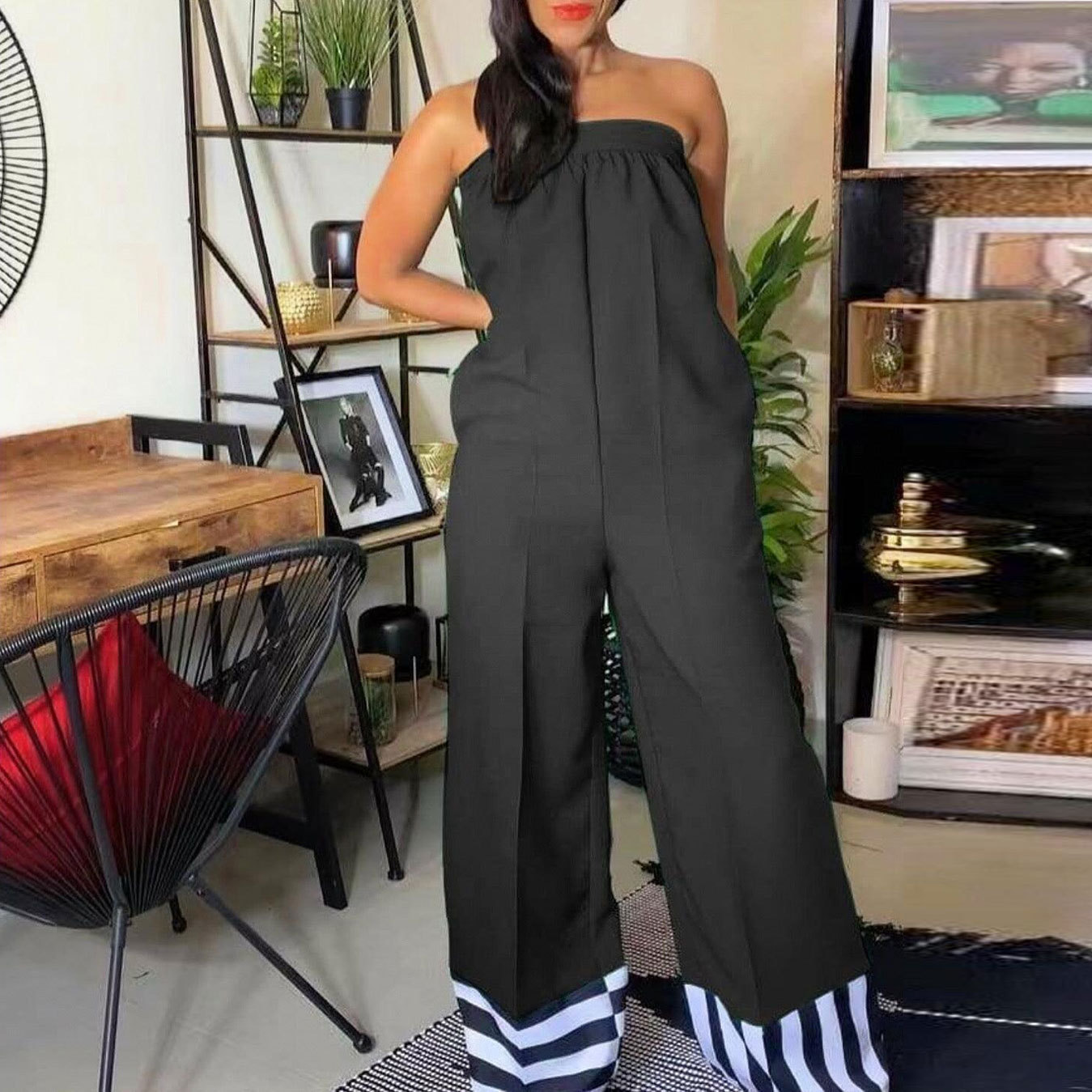 Women Sexy Color Contrast Patchwork Stripe Off Shoulder Wide Leg Jumpsuit