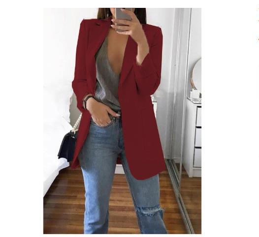 Spring Fall Women's Long Sleeve Plain Pocket Cardigan Blazer Jacket