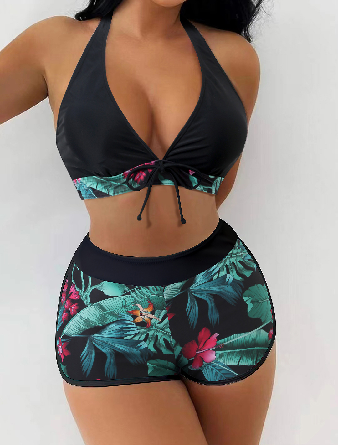 Women's Swimsuit Two Pieces High Waist Patchwork Tie Square Leg Varsity Sport Surf Bikini