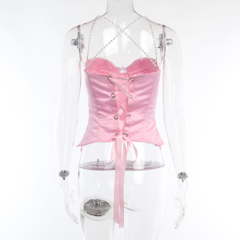 Pearl strap bow pink camisole women's tunic top