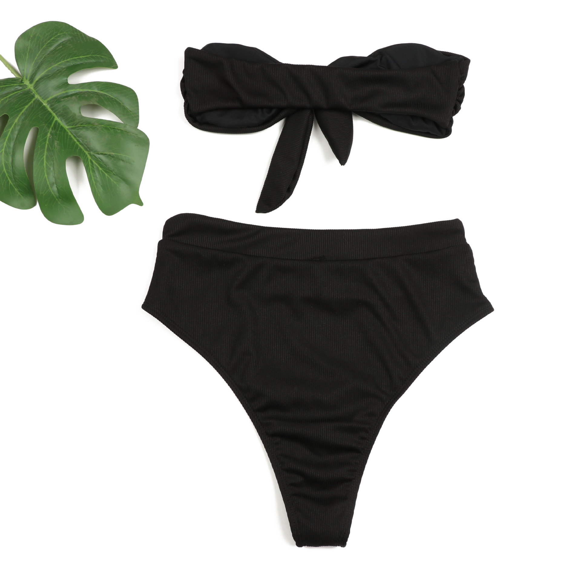 High Waist Women Two Pieces Bikini Strapless Ribbed Swimsuit