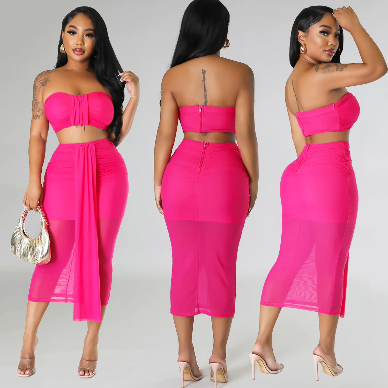 Summer women's sexy mesh See-Through skirt two-piece set