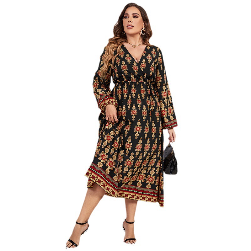 Plus Size Women V-Neck Long Sleeve Printed Dress