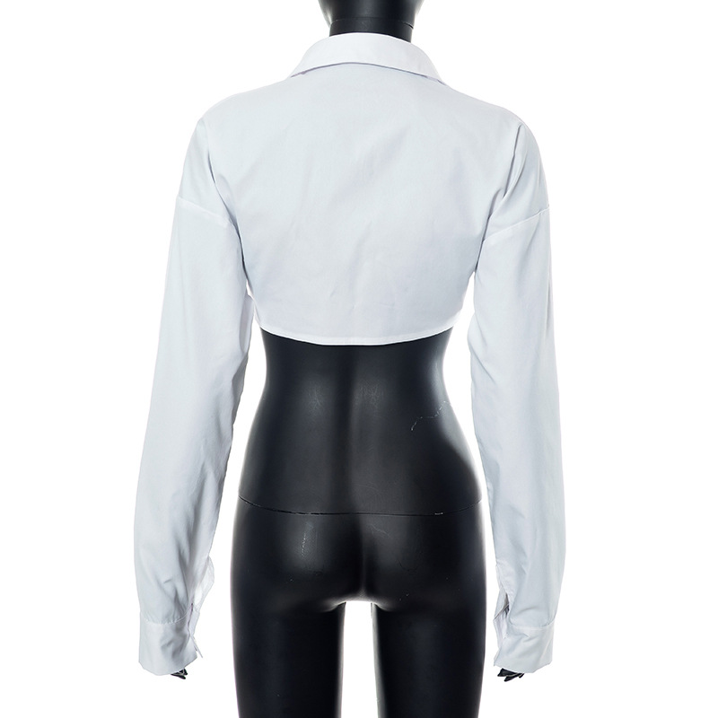 Women's Summer Casual Solid Turndown Collar Button Down Crop Shirt Slim Fit Long Sleeve Top