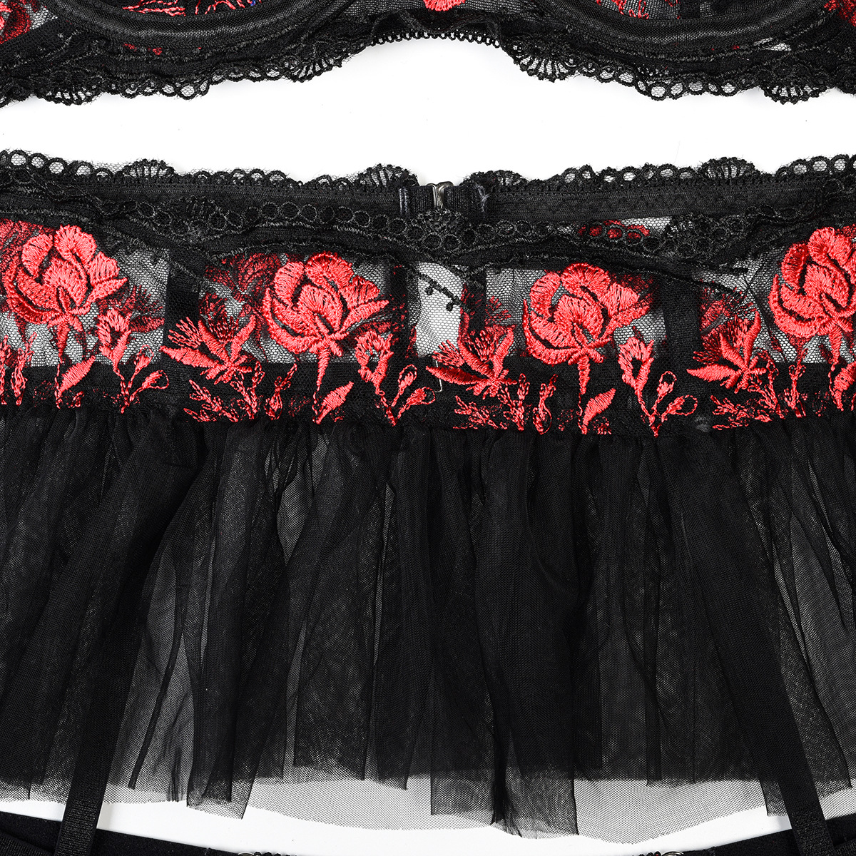 Flower embroidery mesh Patchwork sling Halter Neck sexy lingerie four-piece set for women