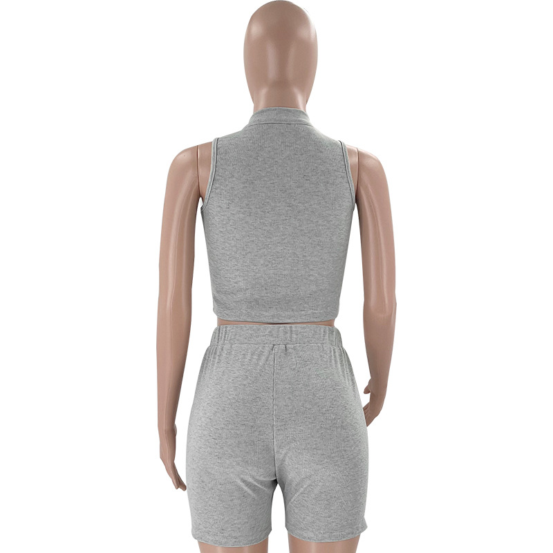 Women Summer Solid Sleeveless Zipper Collar Crop Top and Shorts Two Piece Set