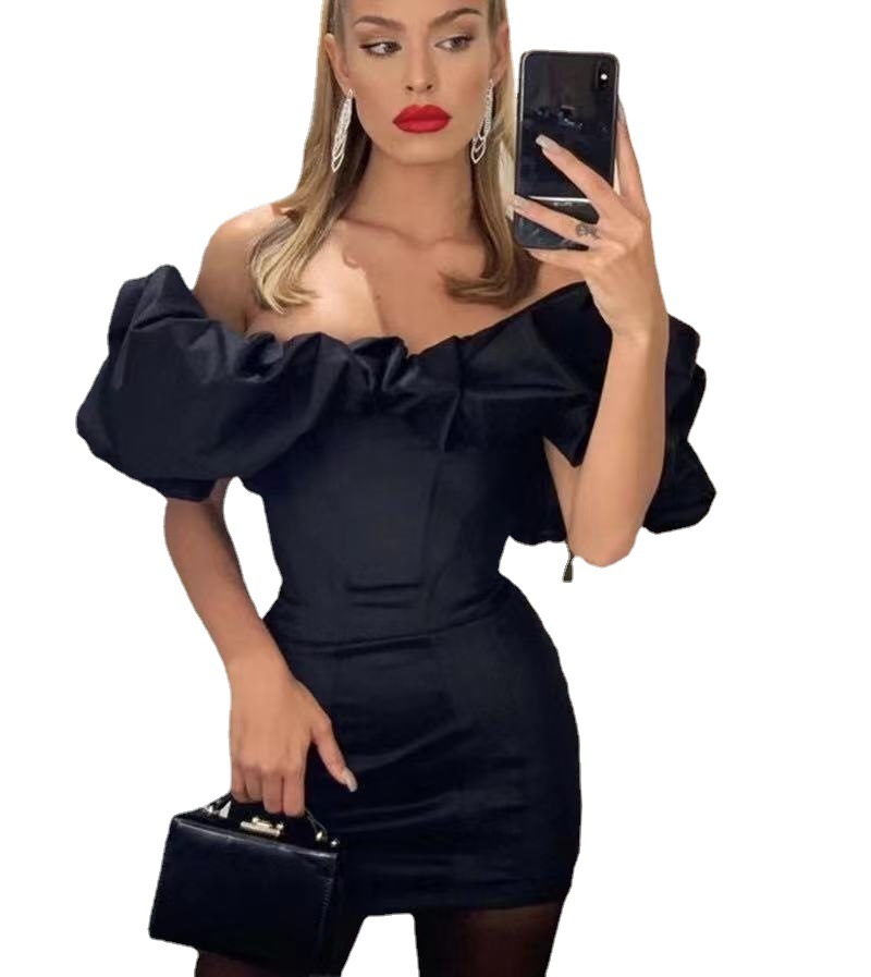 Women's Off Shoulder Fashion Sexy Low Back Dress Puff Neck Mini Gown