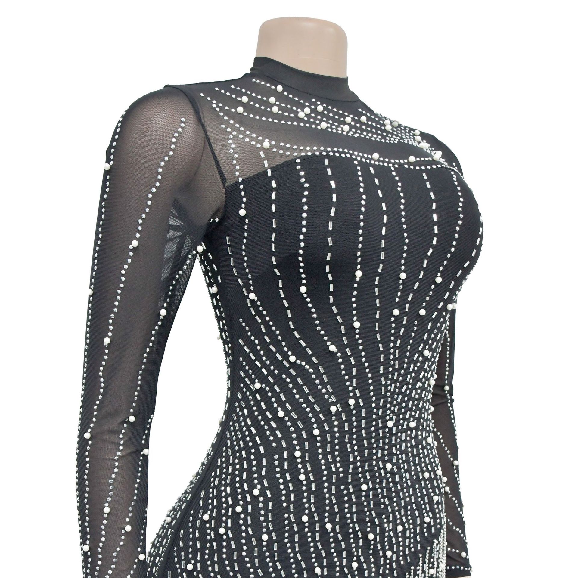 Women's Fashion Long Sleeve Mesh Beaded Bubble Bead Dress