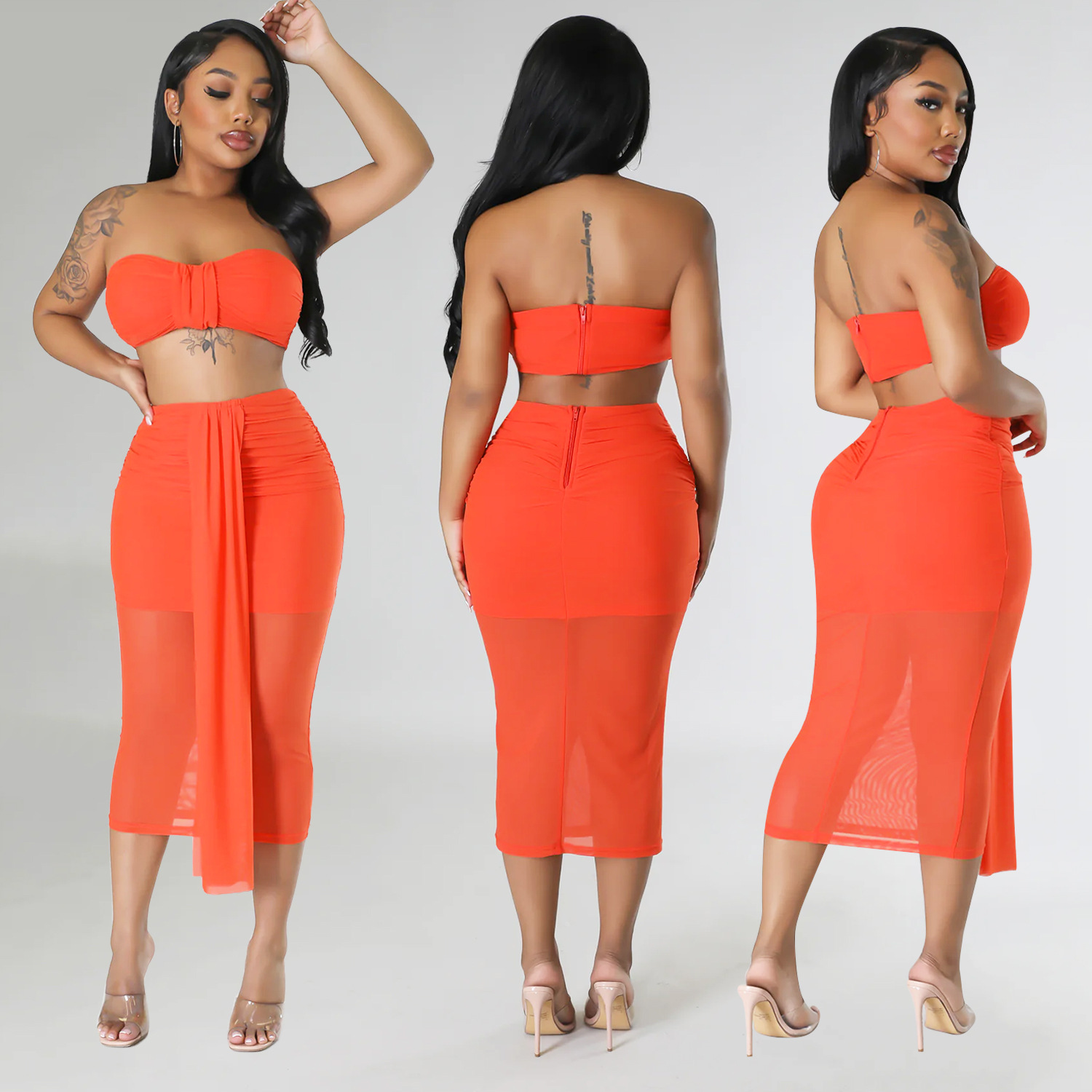 Summer women's sexy mesh See-Through skirt two-piece set