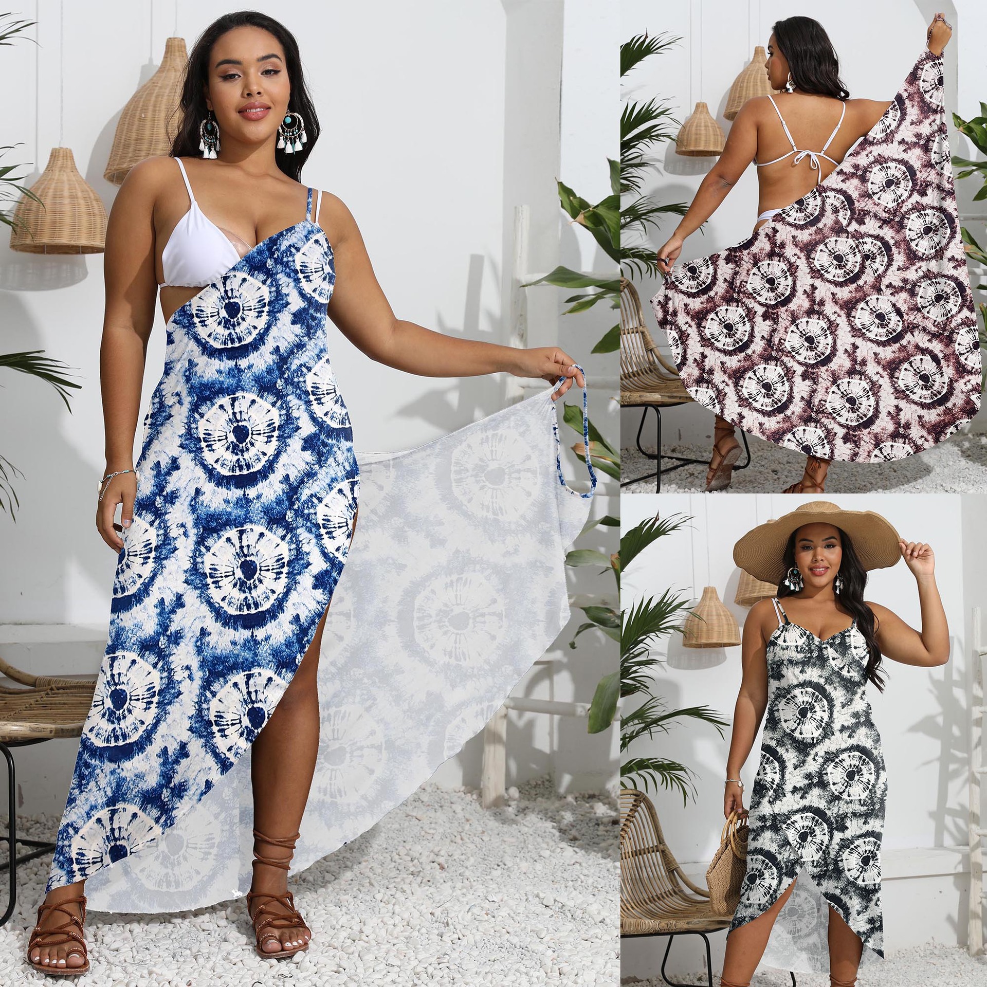 Plus Size Women Printed One Piece Irregular Shawl Beach Dress