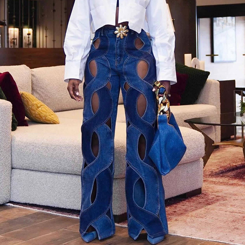 Women Summer Casual Cutout Metal Buckle Denim Pants
