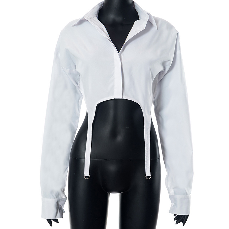 Women's Summer Casual Solid Turndown Collar Button Down Crop Shirt Slim Fit Long Sleeve Top