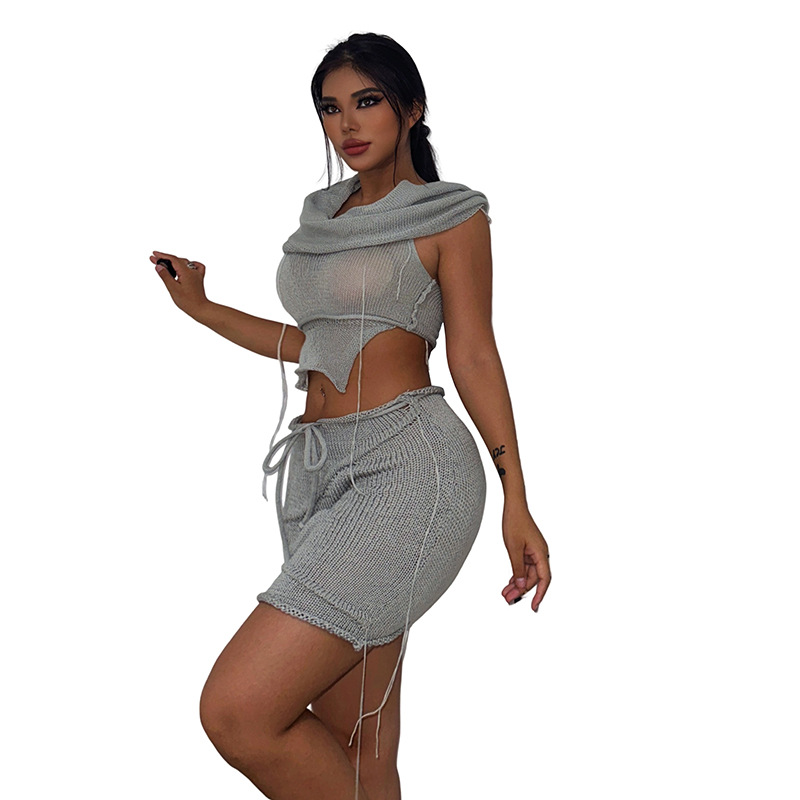 Summer Women Sexy Hollow Knitting Hooded Top and Skirt Two Piece Set