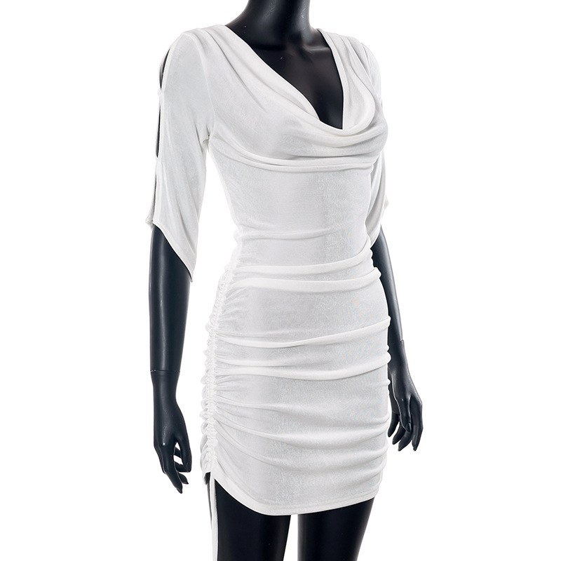 Women Summer Solid Sexy Drawstring Pleated Short Sleeve Dress