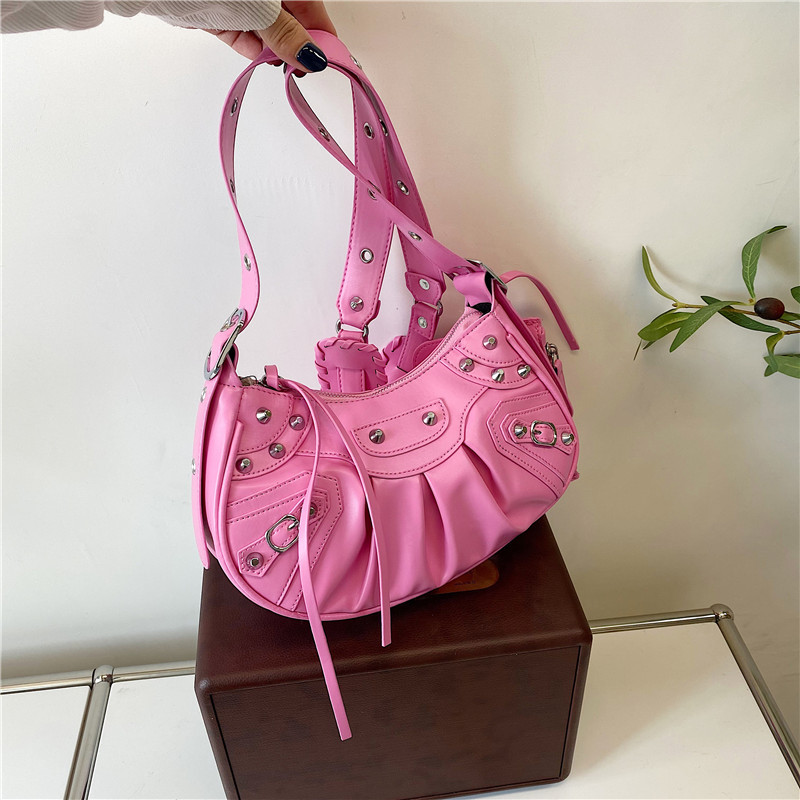 Diagonal pleated single shoulder women's retro rivet bag