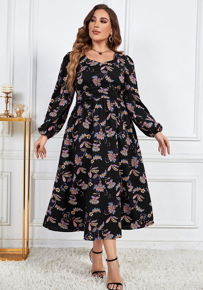 Printed Loose Chic Slim Waist Slim Fit High Waist Long Sleeve Floral Dress Women