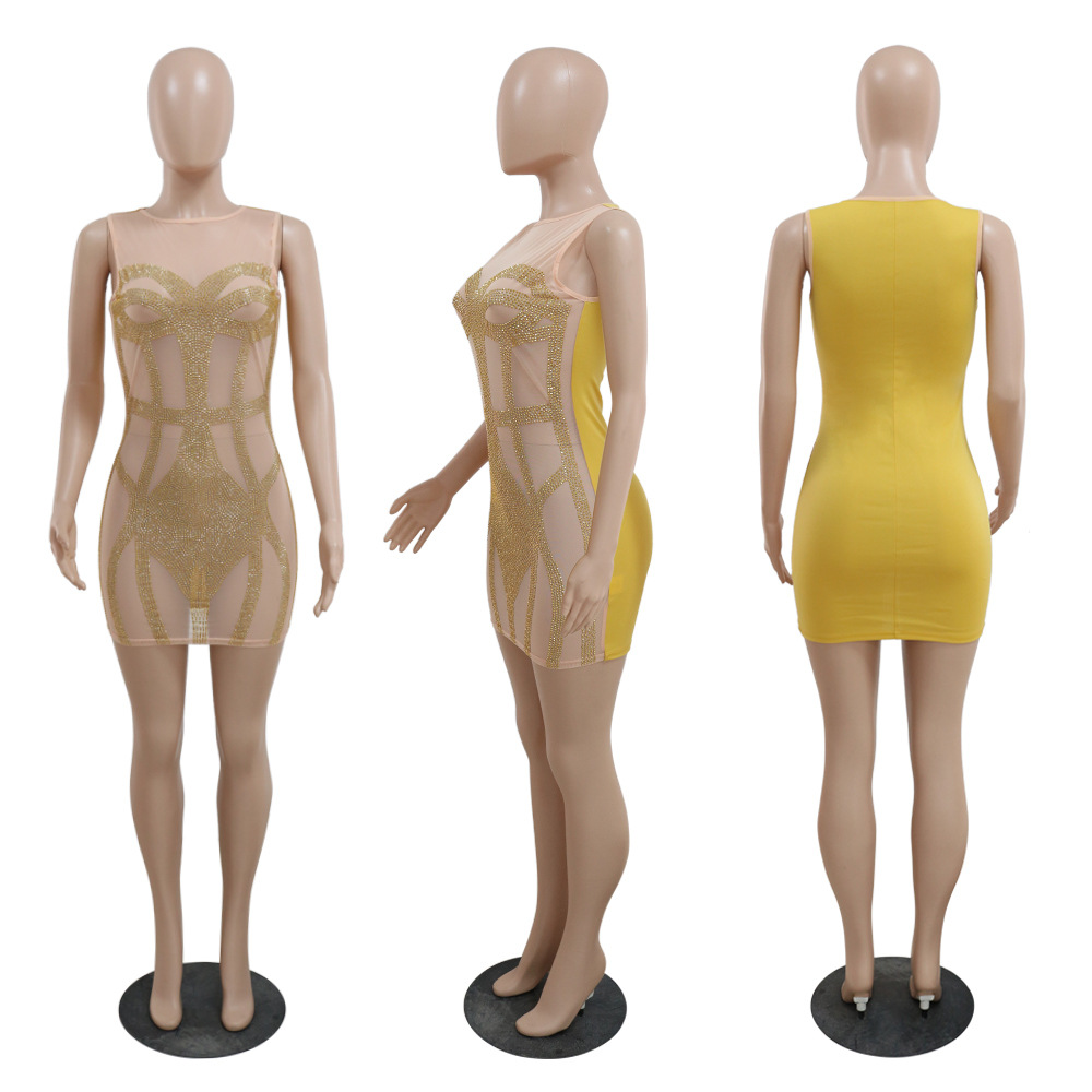 Fashion Nightclub Beaded Mesh See-Through Round Neck Dress Women