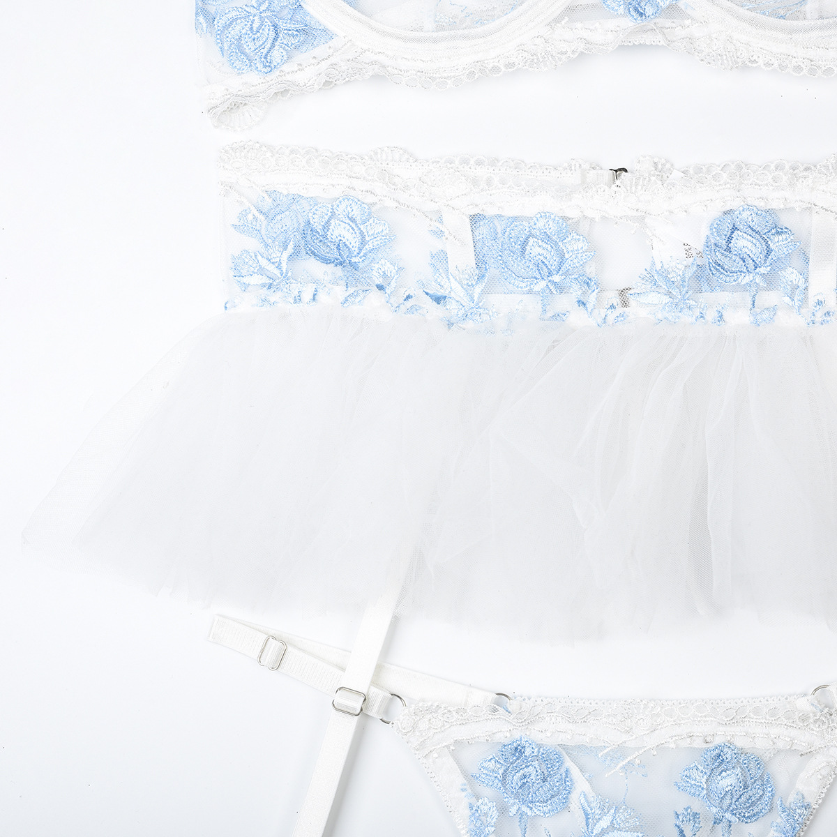 Flower embroidery mesh Patchwork sling Halter Neck sexy lingerie four-piece set for women