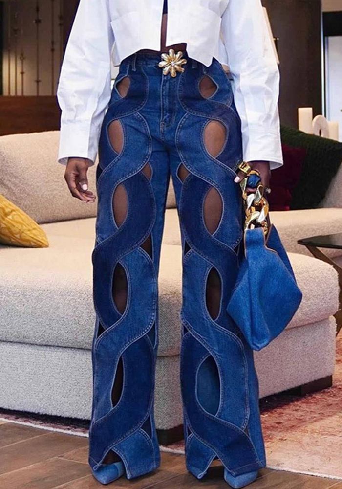 Women Summer Casual Cutout Metal Buckle Denim Pants