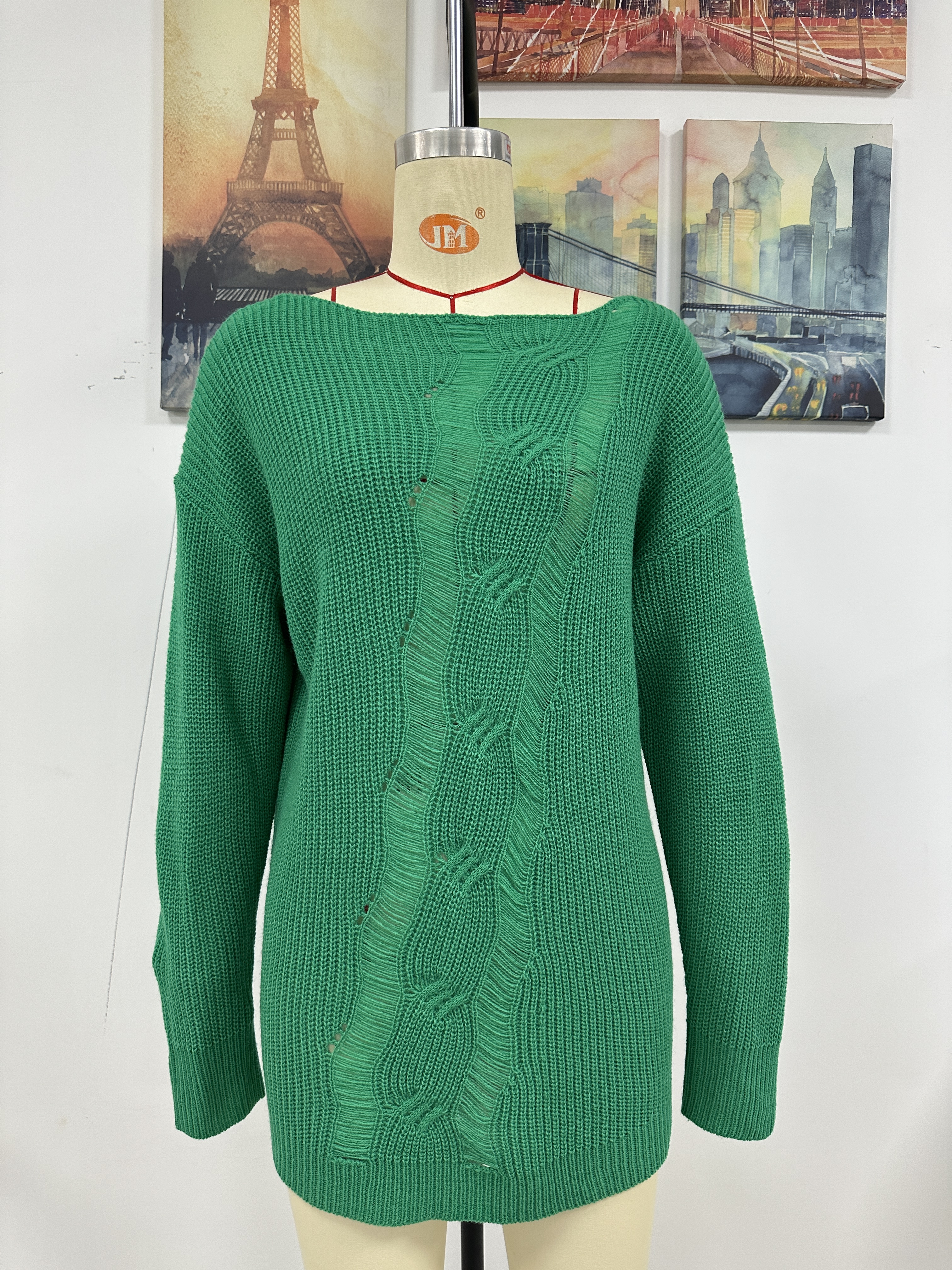 Women Solid Button Rope Knitting Oversized Sweater