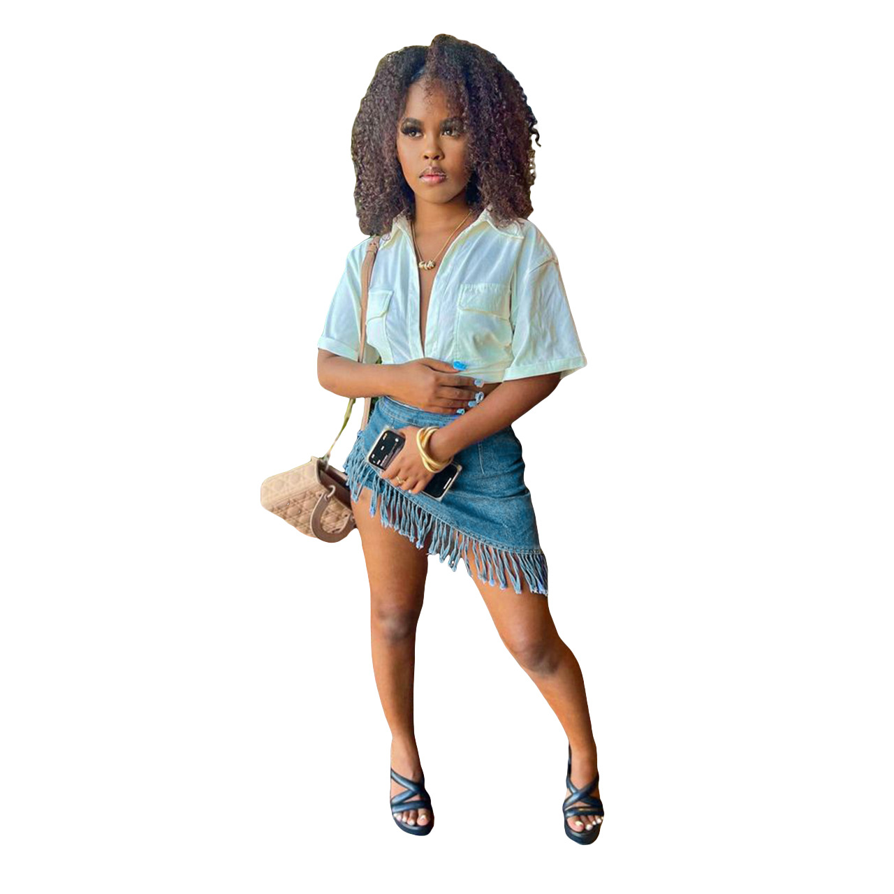 Women Denim Stretch Diagonal Apron Fringed Shorts