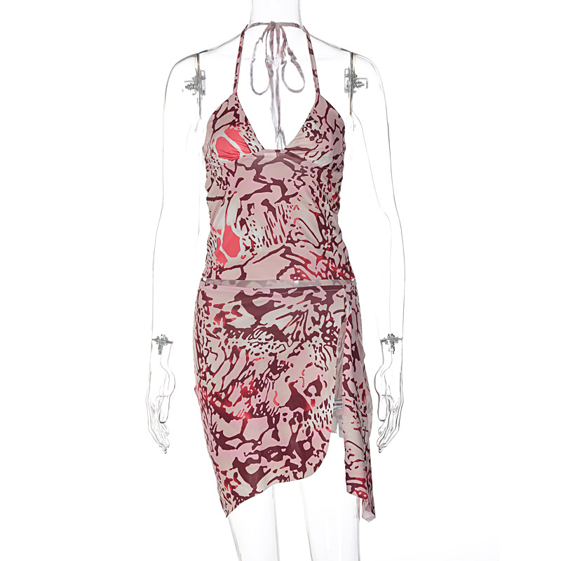 Women Summer Printed Backless Top and Printed Slit Skirt Two Piece Set