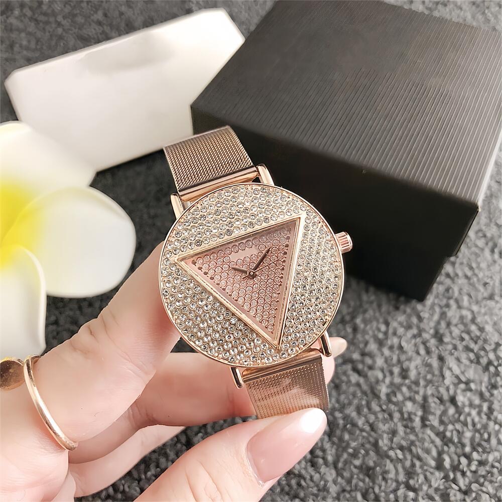 Large dial triangle women's watch inlaid with diamonds quartz mesh strap high-end diamond-inlaid high-end retro women's watch