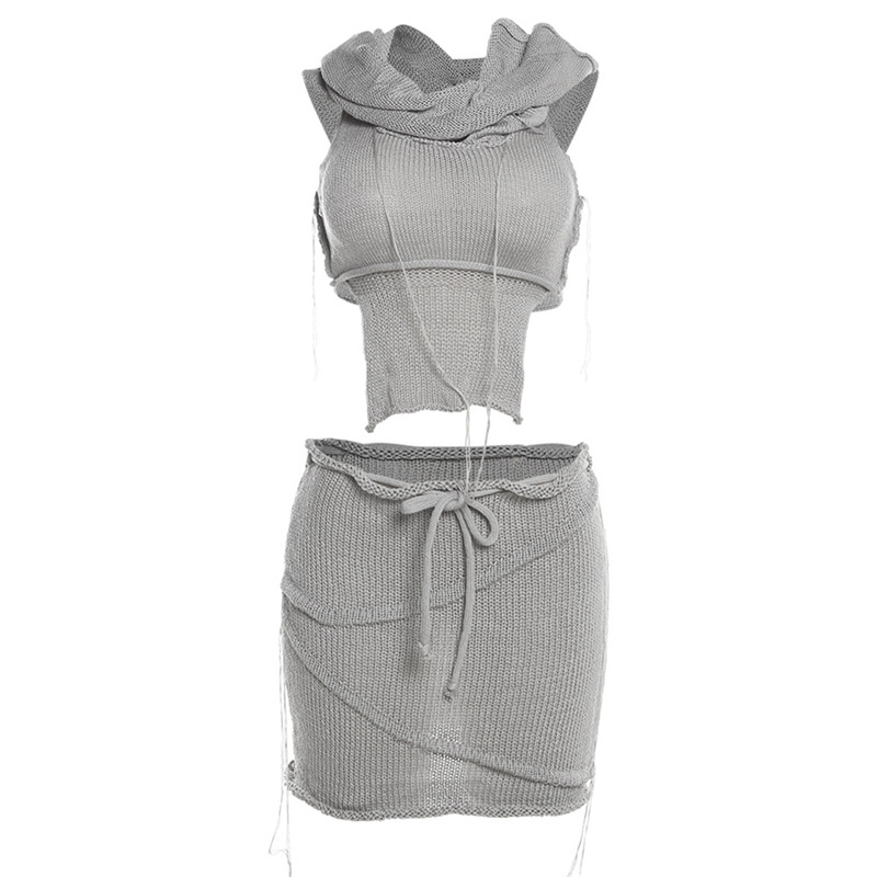 Summer Women Sexy Hollow Knitting Hooded Top and Skirt Two Piece Set