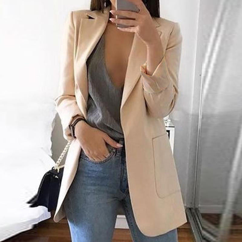 Spring Fall Women's Long Sleeve Plain Pocket Cardigan Blazer Jacket