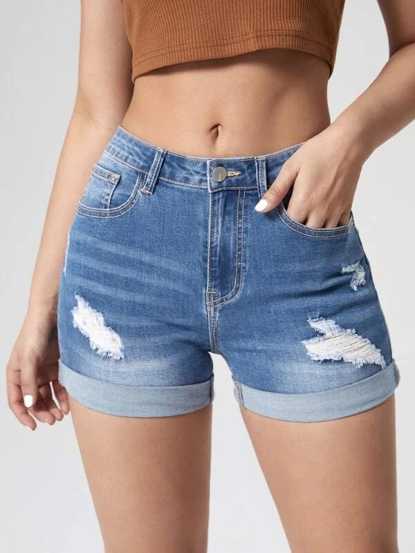 Women Stretch High Waist Ripped Denim Shorts