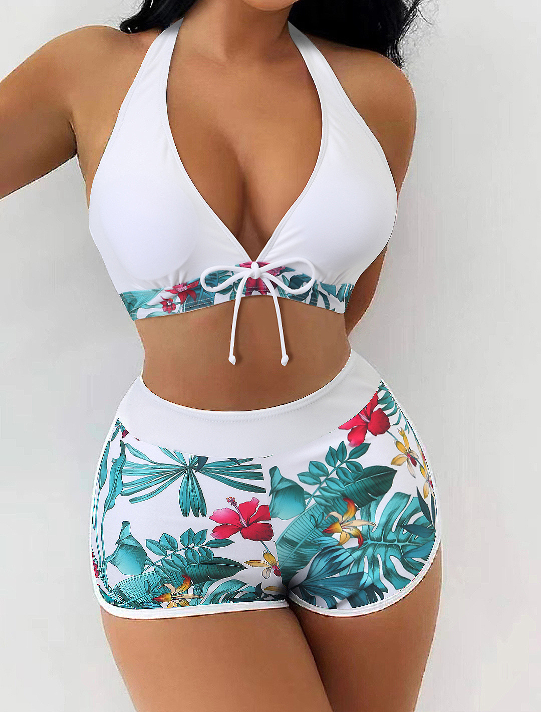 Women's Swimsuit Two Pieces High Waist Patchwork Tie Square Leg Varsity Sport Surf Bikini
