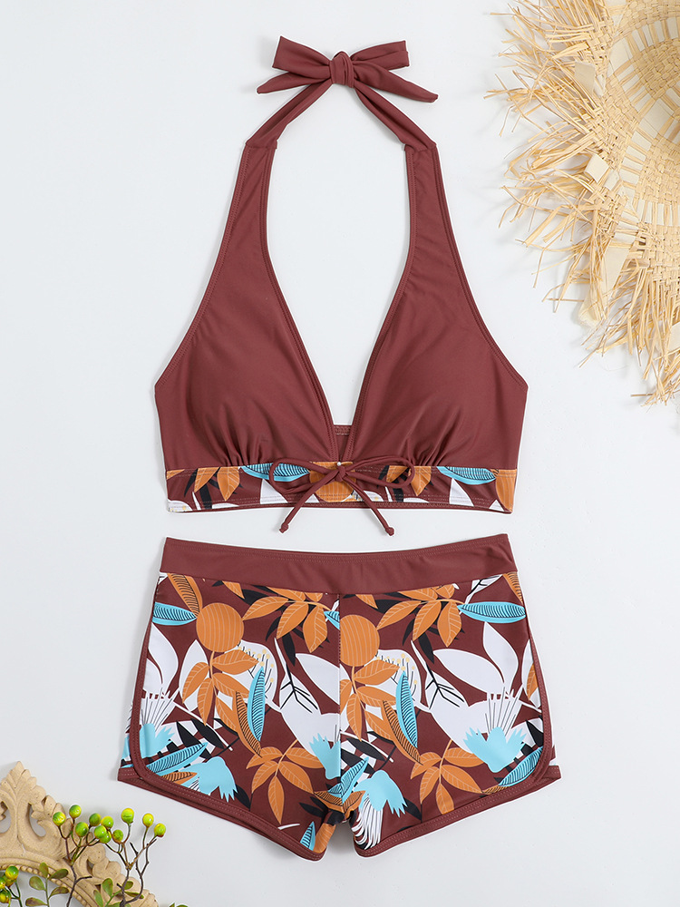 Women's Swimsuit Two Pieces High Waist Patchwork Tie Square Leg Varsity Sport Surf Bikini