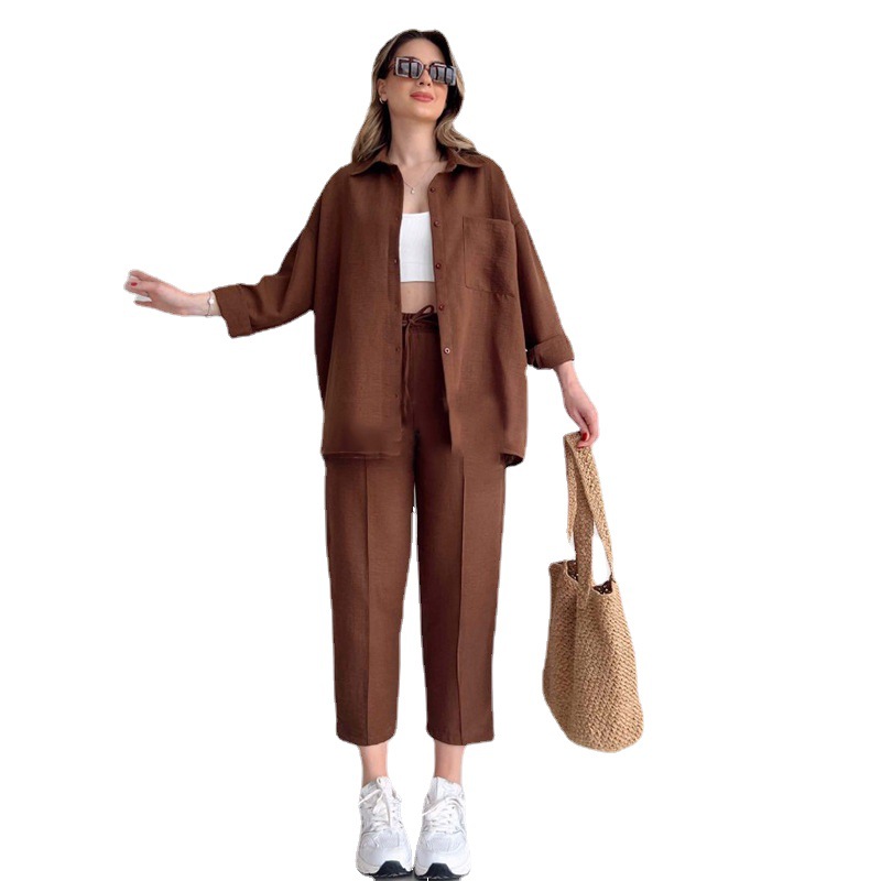 Plus Size Women's Fall Casual Loose Shirt Coat Cropped Sport Harem Pants Two-Piece Set