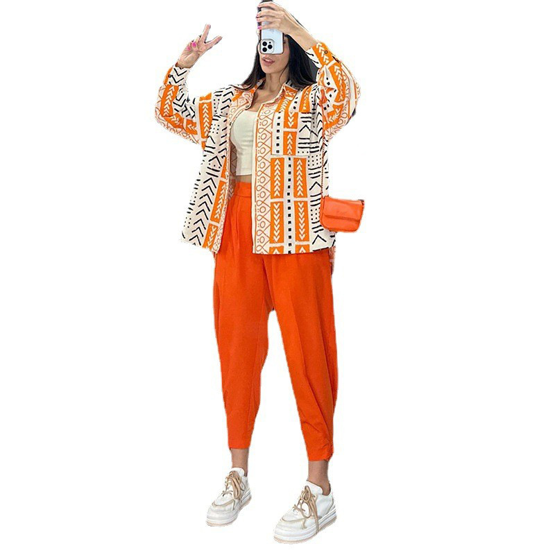 Casual suit Loose Plus Size fashion women's long-sleeved shirt pants linen two-piece suit