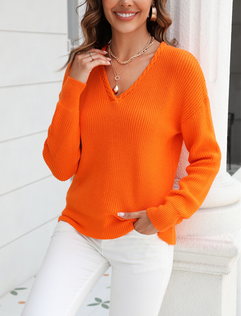 Women v-neck twist knittin sweater