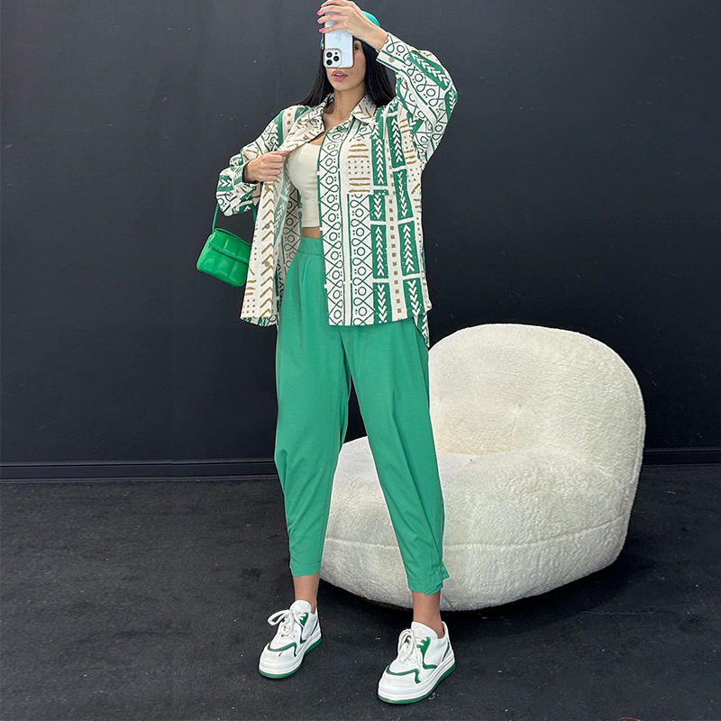 Casual suit Loose Plus Size fashion women's long-sleeved shirt pants linen two-piece suit