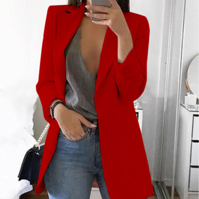 Spring Fall Women's Long Sleeve Plain Pocket Cardigan Blazer Jacket