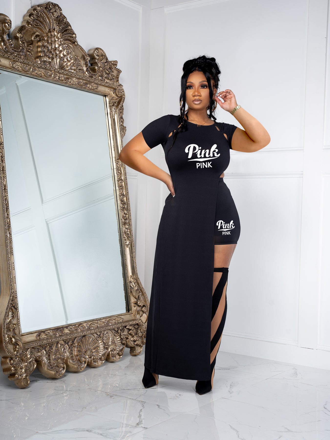 Women's spring summer women's short-sleeved sexy slit slim two-piece suit