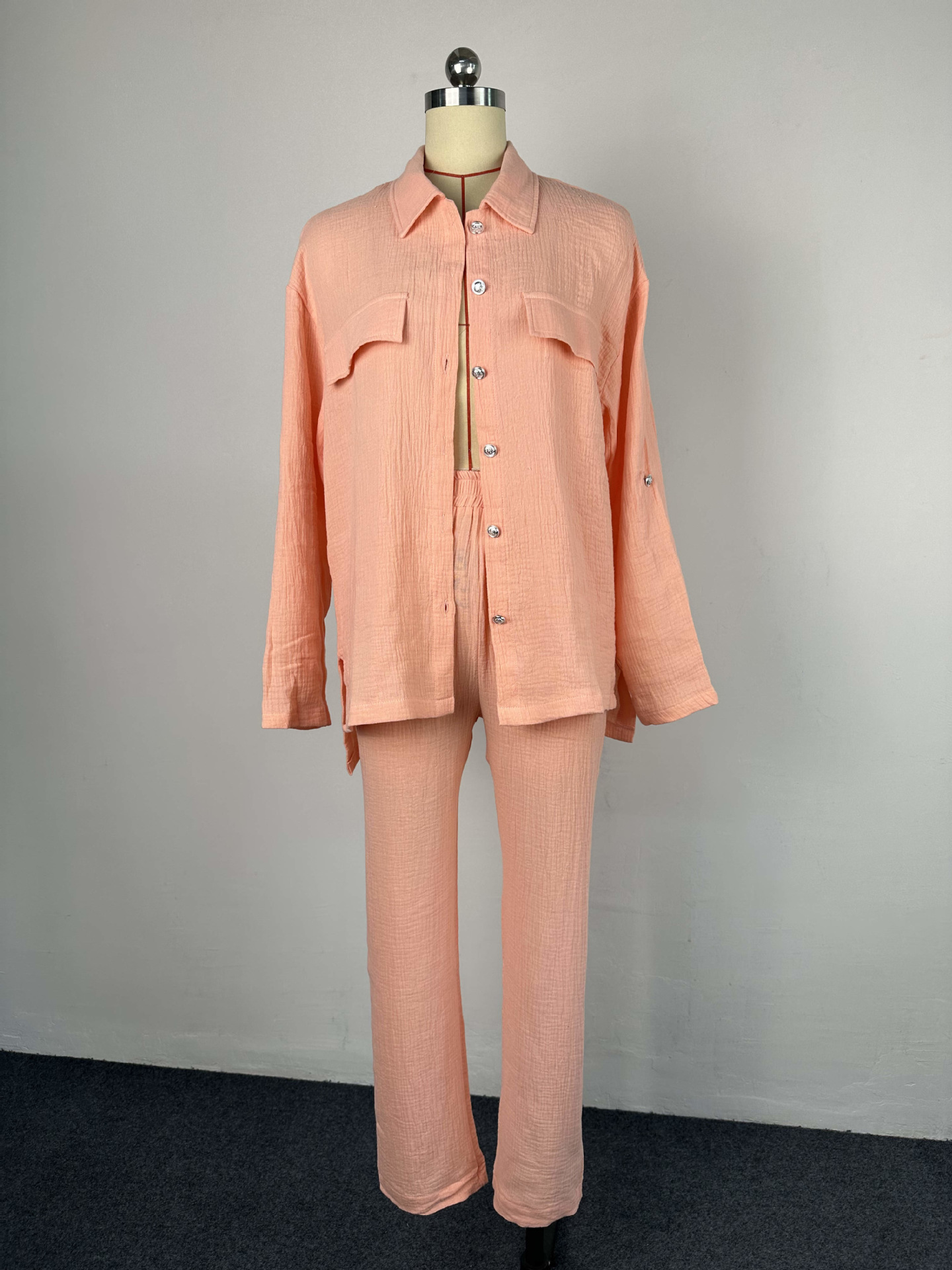 Plus Size Women's Double Crepe Oversized Turndown Collar Long Sleeve Set