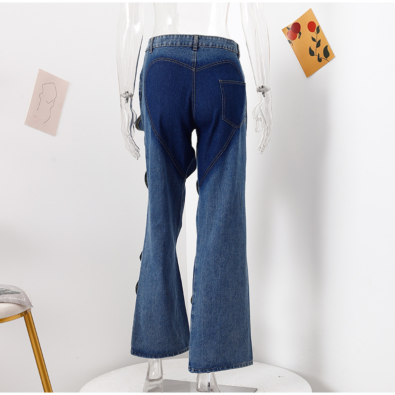 Women Summer Casual Cutout Metal Buckle Denim Pants
