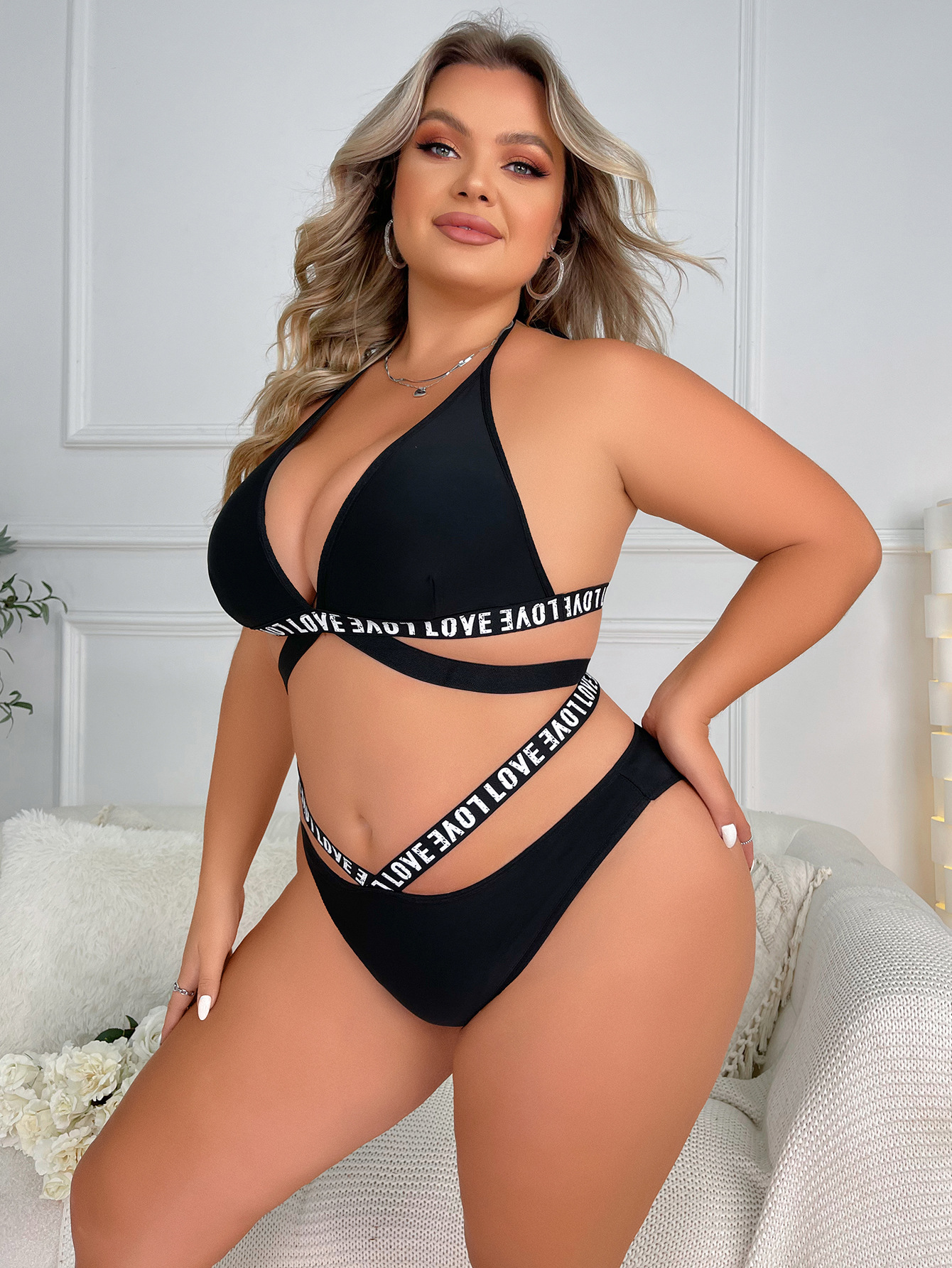 Plus Size Women Print Cutout Halter Neck Two Piece Set Sexy Lingerie