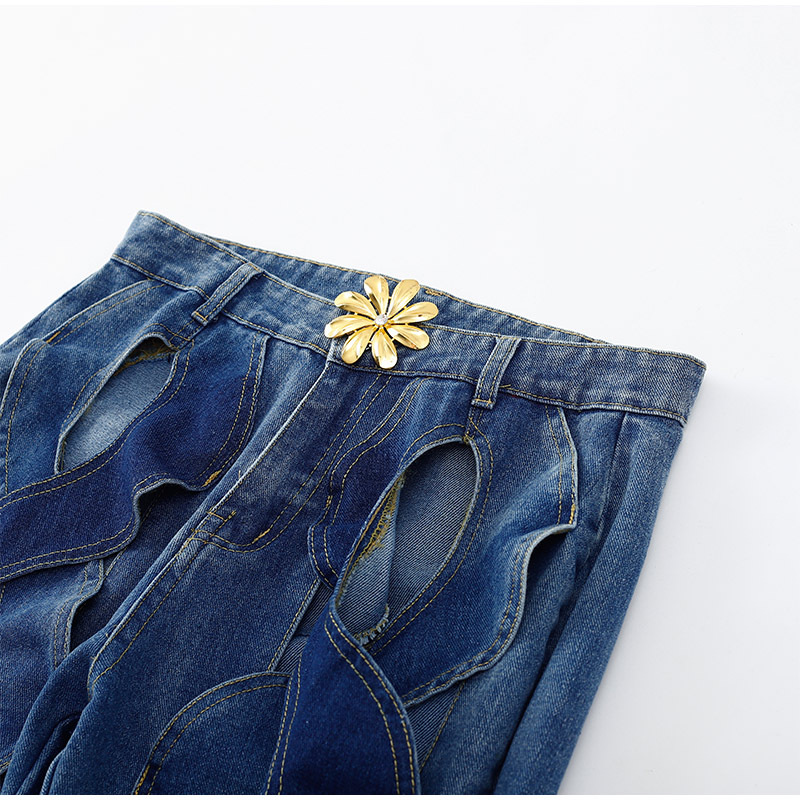 Women Summer Casual Cutout Metal Buckle Denim Pants