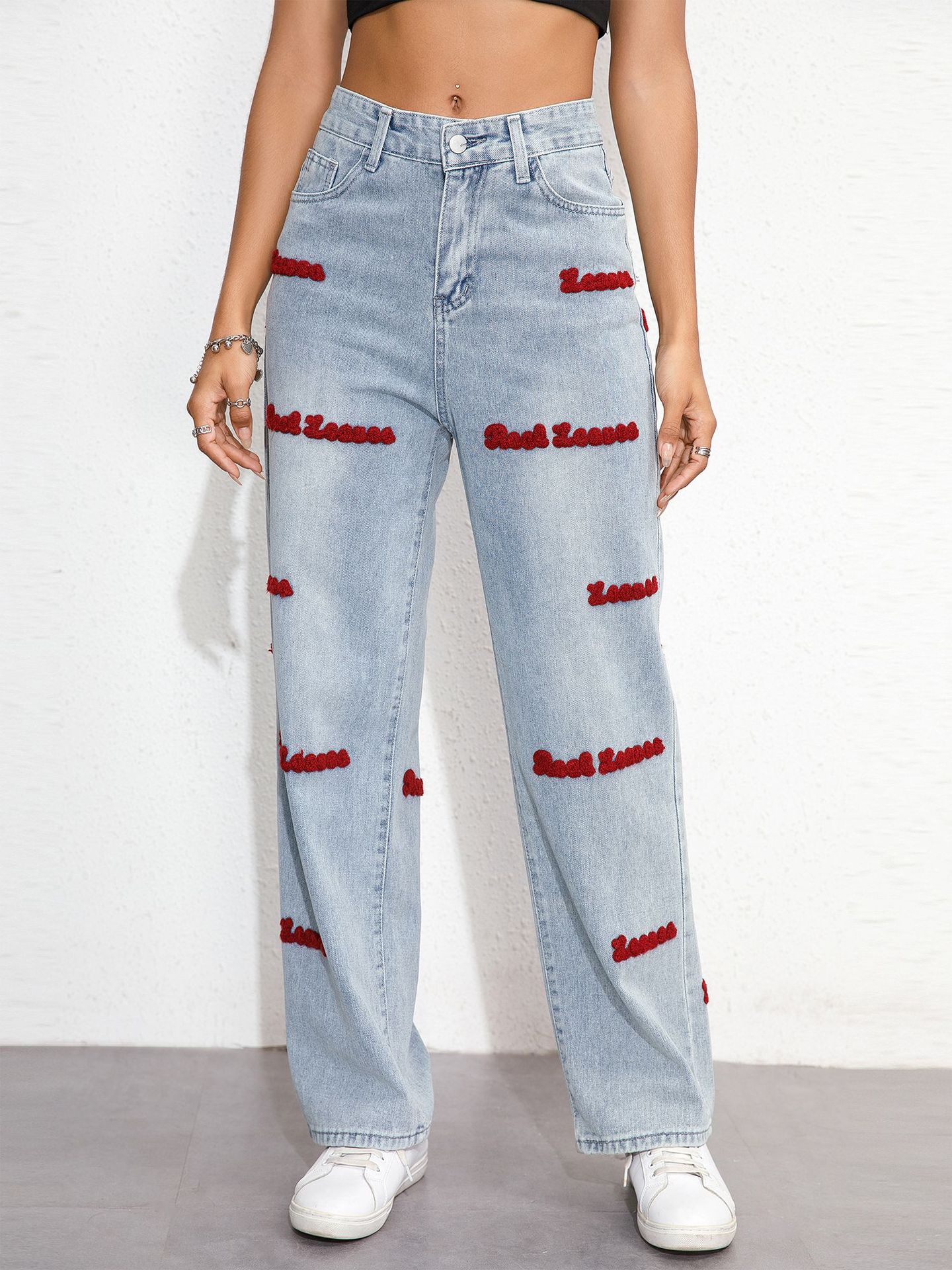 Women's Loose Wide Leg Sexy High Waist Letter Ripped Plus Size Denim Pants