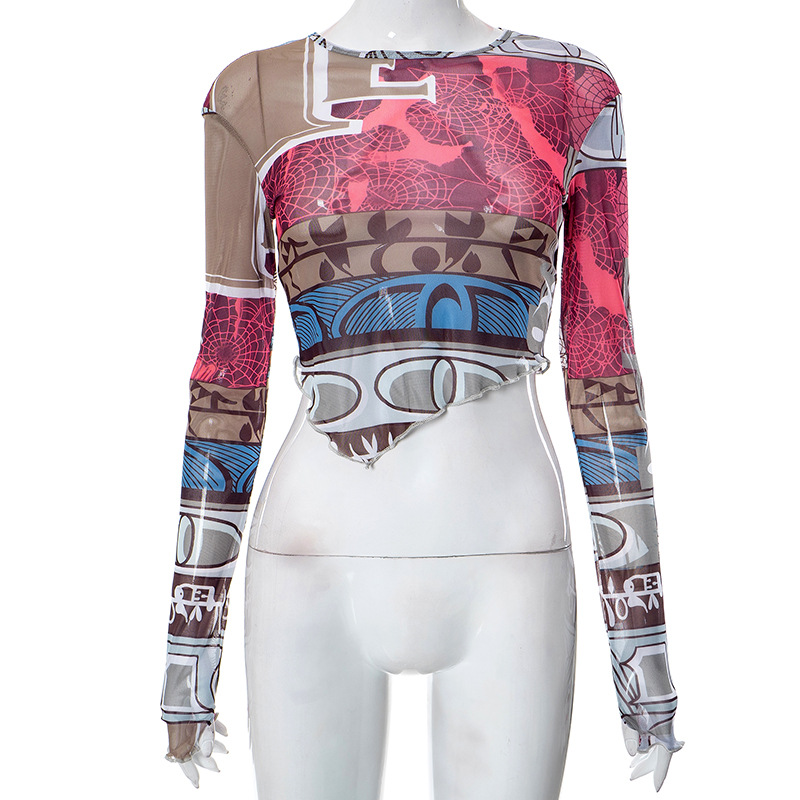 Women's Summer Sexy Mesh Digital Printing Round Neck Long Sleeve Crop Top